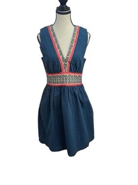 Lauren Moffatt for Anthropologie 100% Cotton Embroidered Dress Sz 8 Navy Blue